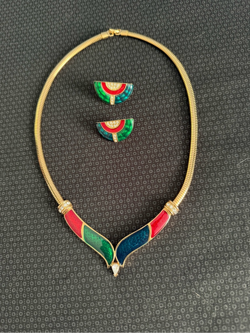 Vintage 80s Enamel and Crystal Gold Tone Metal Collar Necklace and Earrings